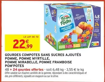 Pom'potes - Gourdes Compotes Sans Sucres Ajoutés Pomme, Pomme Myrtille, Pomme Mirabelle, Pomme Framboise offre à 22,99€ sur Intermarché Hyper