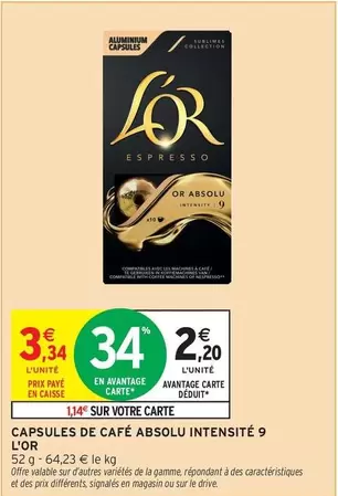 L'Or Espresso - Capsules De Café Absolu Intensité 9 offre à 3,34€ sur Intermarché Hyper