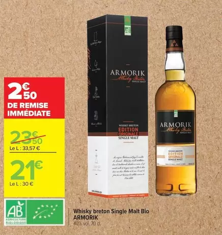 Armorik - Whisky Breton Single Malt Bio offre à 21€ sur Carrefour Drive