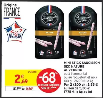 Auvernou - Mini Stick Saucisson Sec Nature offre à 2,69€ sur Intermarché Express