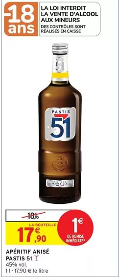 Pernod - Apéritif Anisé Pastis 51 offre à 17,9€ sur Intermarché Express