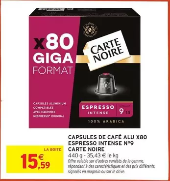 Carte noire - Capsules De Café Alu X80 Espresso Intense N°9 offre à 15,59€ sur Intermarché Contact