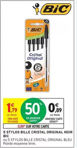 BIC - 5 Stylos Bille Cristal Original Noir offre à 1,79€ sur Intermarché Contact
