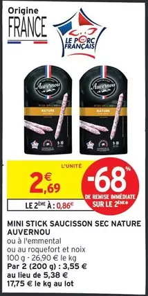 Auvernou - Mini Stick Saucisson Sec Nature offre à 2,69€ sur Intermarché
