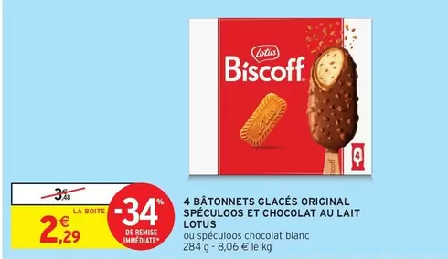 Lotus - 4 Bâtonnets Glaces Original Spéculoos Et Chocolat Au Lait offre à 2,29€ sur Intermarché