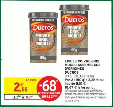 Ducros - Epices Poivre Gris Moulu Assemblage D'Origines offre à 2,55€ sur Intermarché