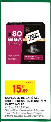 Carte Noire - Capsules De Café Alu X80 Espresso Intense N°9 offre à 15,59€ sur Intermarché