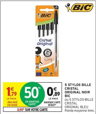BIC - 5 Stylos Bille Cristal Original Noir offre à 1,79€ sur Intermarché