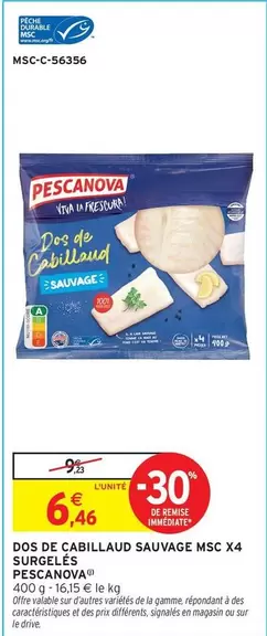 Pescanova - Dos De Cabillaud Sauvage Msc X4 Surgelés offre à 6,46€ sur Intermarché