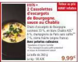 2 Cassolettes D'Escargots De Bourgogne, Sauce Au Chablis offre à 9,99€ sur Maison Thiriet