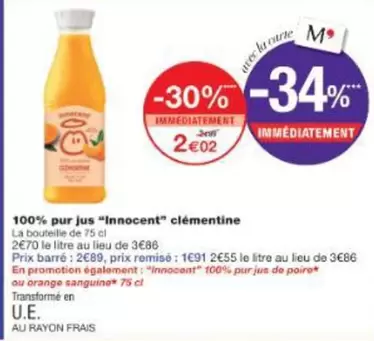 Innocent - 100% Pur Jus "" Clémentine offre à 2,02€ sur Monoprix