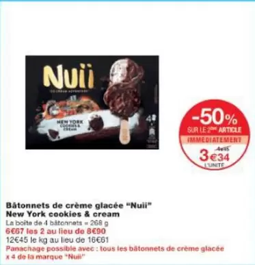 Nuii - Bâtonnets De Crème Glacée "nuii" New York Cookies & Cream offre à 3,34€ sur Monoprix