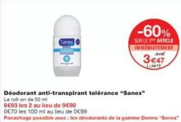 Sanex - Déodorant Anti-transpirant Tolerance offre à 3,47€ sur Monoprix
