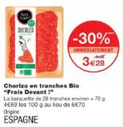 Frais Devant - Chorizo En Tranches Bio offre à 3,28€ sur Monop'