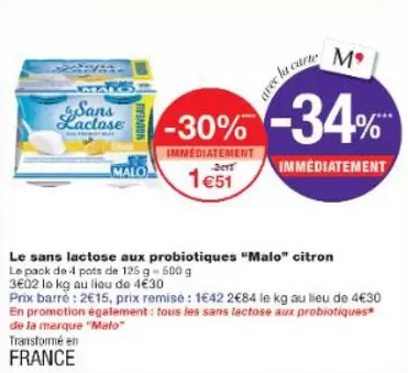 Malo - Le Sans Lactose Aux Probiotiques Citron  offre à 1,51€ sur Monop'