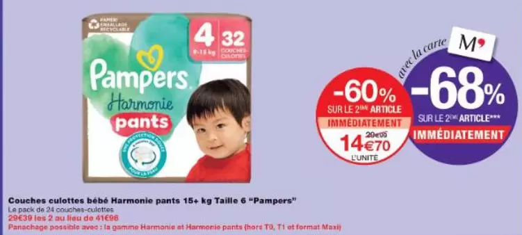 Pampers - Couches Culottes Bébé Harmonie offre à 14,7€ sur Monop'