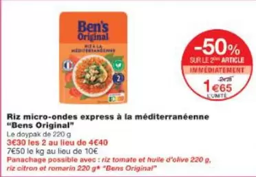 Ben'S Original - Riz Micro-Ondes Express À La Méditerranéenne offre à 1,65€ sur Monop'