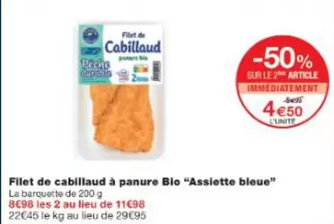 Assiette Bleue - Filet De Cabillaud À Panure Bio offre à 5,95€ sur Monop'