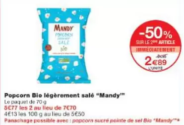 Mandy - Popcorn Bio Légèrement Salé  offre à 2,89€ sur Monop'