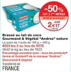 Andros - Brassé Au Lait De Coco Gourmand & Végétal Nature  offre à 2,17€ sur Monop'
