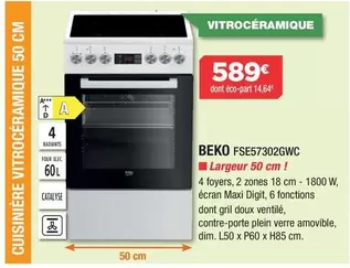 Beko - Cuisinière Vitrocéramique FSE57302GWC  offre à 589€ sur Copra