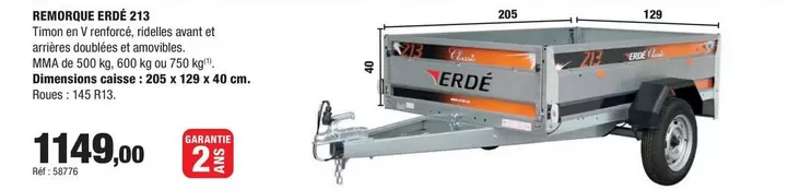 Erde - Remorque 213 offre à 1149€ sur Autobacs