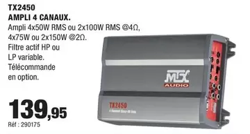 Mtx - TX2450 Ampli 4 Canaux offre à 139,95€ sur Autobacs