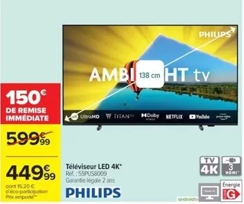 Philips - Téléviseur Led 4k offre à 449,99€ sur Cora