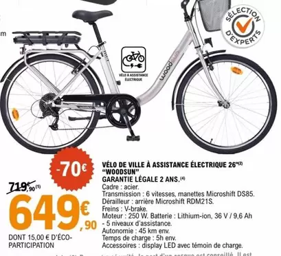 Vélo De Ville À Assistance Électrique 26" Woodsun Garantie Légale 2 Ans offre à 649€ sur E.Leclerc