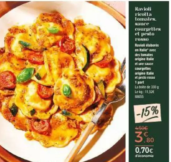 Ravioli Ricotta Tomatees Sauce Courgettes Et Pesto offre à 3,8€ sur Maison Thiriet