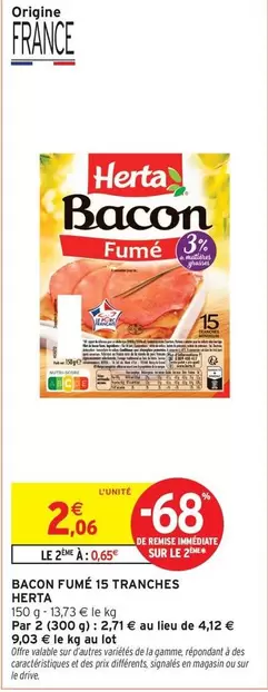 Herta - Bacon Fumé 15 Tranches offre à 2,06€ sur Intermarché Hyper