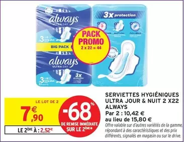 Always - Serviettes Hygiéniques Ultra Jour & Nuit 2 X22 offre à 7,9€ sur Intermarché Hyper