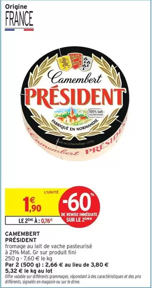 Président - Camembert offre à 1,9€ sur Intermarché Express