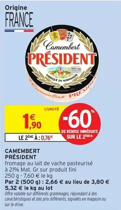 Président - Camembert offre à 1,9€ sur Intermarché