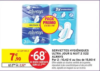 Always - Serviettes Hygiéniques Ultra Jour & Nuit 2 X22 offre à 7,9€ sur Intermarché