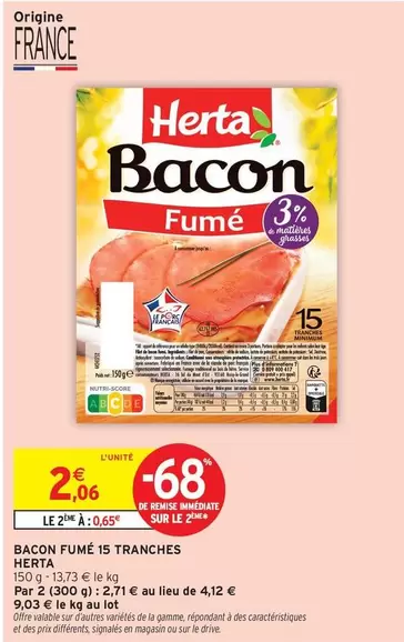 Herta - Bacon Fume 15 Tranches offre à 2,06€ sur Intermarché