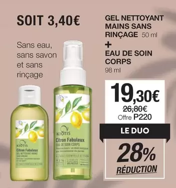 Kiotis - Gel Nettoyant Mains Sans Rinçage + Eau De Soin Corps offre à 19,3€ sur Stanhome