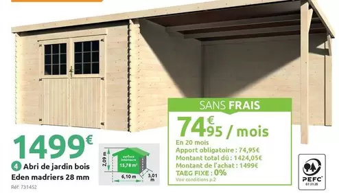 Abri De Jardin Bois Eden Madriers offre à 1499€ sur Mr Bricolage