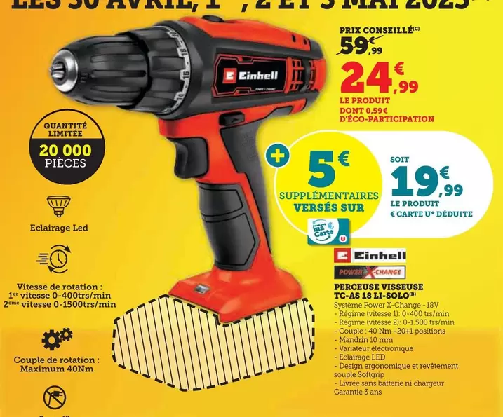 Einhell - Perceuse Visseuse Tc-As 18 Li-Solo offre à 24,99€ sur Hyper U