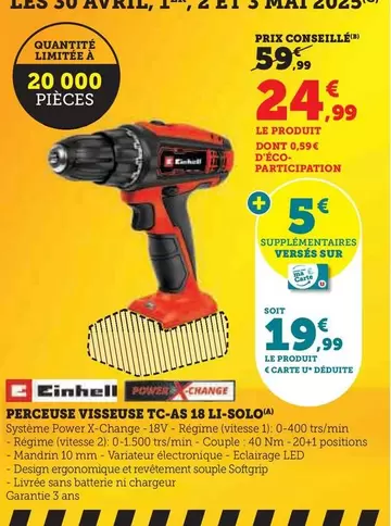 Einhell - Perceuse Visseuse TC-AS 18 Li-sol offre à 24,99€ sur Hyper U