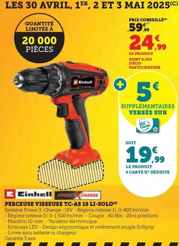 Einhell - Perceuse Visseuse TC-AS 18 Li-Solo offre à 24,99€ sur Super U