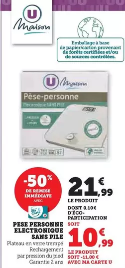 U - Pese Personne Electronique Sans Pile offre à 21,99€ sur Super U