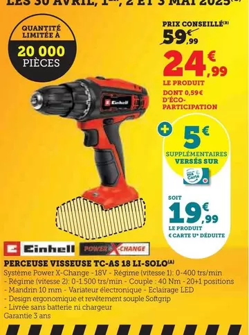 Einhell - Perceuse Visseuse TC-AS 18 Li-Solo offre à 24,99€ sur Hyper U