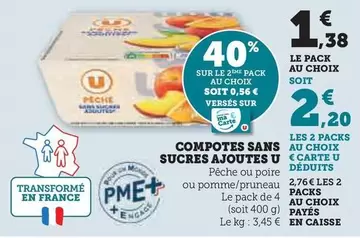 U - Compotes Sans Sucres Ajoutes offre à 1,38€ sur Super U