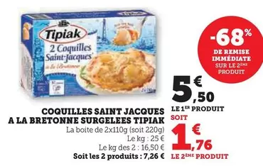 Tipiak - Coquilles Saint Jacques A La Bretonne Surgelees offre à 5,5€ sur Super U