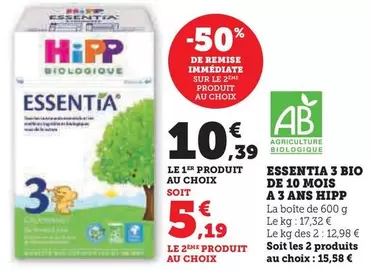 Hipp - Essentia 3 Bio De 10 Mois A 3 Ans offre à 10,39€ sur Super U