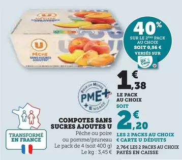 U - Compotes Sans Sucres Ajoutes offre à 1,38€ sur Super U