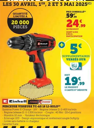 Einhell - Perceuse Visseuse TC-AS 18 Li-Solo offre à 24,99€ sur Super U