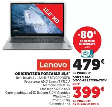 Lenovo - Ordinateur Portable 15,6" offre à 479€ sur Hyper U