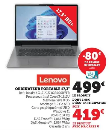 Lenovo - Ordinateur Portable 17,3" offre à 499€ sur Hyper U